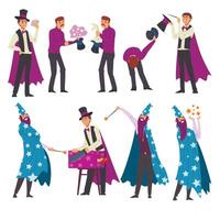 Magicians Doing Tricks Set, Illusionist and Wizard Characters Performing at Magic Show Cartoon Style Illustration vector