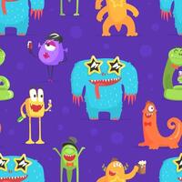 Cute Funny Monsters Characters Seamless Pattern, Cheerful Friendly Fantastic Creatures, Design Element Can Be Used for Wallpaper, Packaging, Background Illustration vector