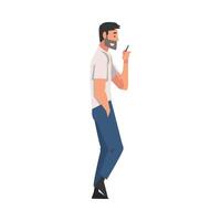 Bearded Man Walking Outside, Guy Looking at His Smartphone, Person Using Digital Gadget for Online Communication Illustration vector