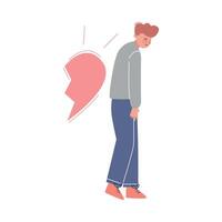 Upset Young Man with Part of Broken Heart, Breakup, Divorce Illustration vector