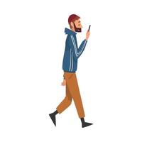 Guy Walking Outside, Young Man Looking at His Smartphone, Person Using Digital Gadget for Online Communication Illustration vector