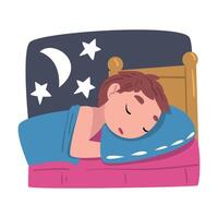 Boy Sleeping in His Bed at Night, Cute Child Daily Routine Activity Cartoon Style Illustration on White Background vector