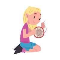 Cute Girl Sitting on the Floor and Embroidering, Child Daily Routine Activity Cartoon Style Illustration on White Background vector