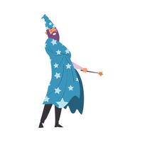 Magician Doing Tricks with Magic Wand, Wizard Character Wearing Cape with Stars and Cone Hat Performing at Magic Show Cartoon Style Illustration vector