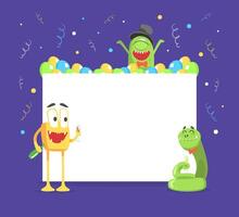 Cute Funny Monsters with Blank Banners Set, Friendly Aliens Characters Showing Empty Sign Boards Illustration vector
