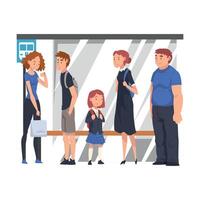 Group of Diverse People Waiting for Bus at Bus Stop, Passengers Spending Time in Expectation Cartoon Illustration vector