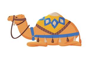 Lying Camel with Saddle, Ttwo Humped Ddesert Animal, Symbol of Egypt Flat Style Illustration on White Background vector