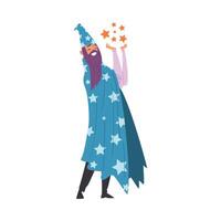 Magician Doing Tricks, Wizard Character Wearing Cape with Stars and Cone Hat Performing at Magic Show Cartoon Style Illustration vector