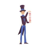 Magician Doing Tricks with Playing Cards, Illusionist Character in Tailcoat and Top Hat Performing at Magic Show Cartoon Style Illustration vector