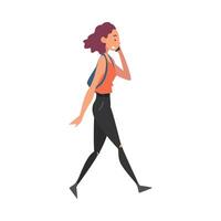 Girl Talking on Smartphone While Walking, Female Student with Backpack Using Digital Gadget Illustration vector