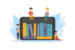 Online Electronic Library, Internet Bookstore, Tiny People Sitting on Tablet with Bookshelves on Screen and Reading Books Flat Illustration vector