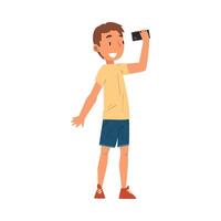 Smiling Boy Taking Selfie Photo, Cute Child Character Photographing Himself with Smartphone Cartoon Illustration vector