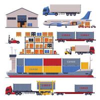 Warehouse Logistic and Delivery Set, Storage Building and Cargo Transportation Vehicles Flat Style Illustration on White Background vector