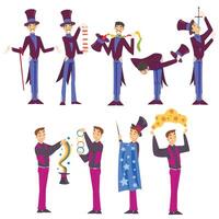 Magicians Doing Tricks Set, Male Illusionist Characters Performing at Magic Show Cartoon Style Illustration on White Background vector
