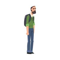 Bearded Man Standing with Backpack, Guy Spending Time in Expectation at Bus Stop Cartoon Illustration vector