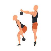 Man Doing Squats with Kettlebell in Two Steps, Side View of Male Athlete Doing Sports for Fit Body, Buttock Workout Illustration on White Background vector