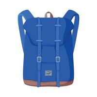 Blue Backpack, Front View of Travel Bag for Backpacking Flat Style Illustration on White Background vector
