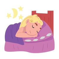 Girl Sleeping in Her Bed at Night, Cute Child Daily Routine Activity Cartoon Style Illustration on White Background vector