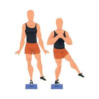 Man Doing Glute Exercise Using Steps Platform in Two Steps, Male Athlete Doing Sports for Fit Body, Buttock Workout Illustration on White Background vector