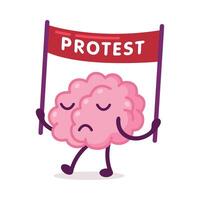 Protesting Brain with Placard on Demonstration, Funny Human Nervous System Organ Cartoon Character Illustration on White Background vector