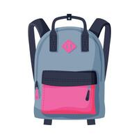 Front View of Gray and Pink Backpack with Front Zippered Pocket for Schoolchildren or Students Flat Style Illustration vector