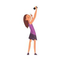 Smiling Girl Taking Selfie Photo, Cute Happy Child Character Photographing Herself with Smartphone Cartoon Illustration vector
