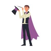 Magician Doing Tricks with Magic Wand and Top Hat, Illusionist Character in Cape Performing at Magic Show Cartoon Style Illustration vector