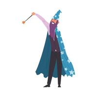 Magician Doing Tricks with Magic Wand, Smiling Bearded Wizard Character Wearing Cape with Stars and Cone Hat Performing at Magic Show Cartoon Style Illustration vector