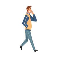 Young Man Talking on Smartphone While Walking, Cheerful Guy Using Digital Gadget Illustration vector