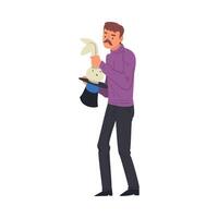 Magician Doing Tricks with Top Hat and Rabbit, Illusionist Character Performing at Magic Show Cartoon Style Illustration vector