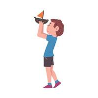 Boy Playing with Toy Boat, Cute Child Daily Routine Activity Cartoon Style Illustration Isolated on White Background vector