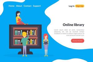 Online Library Electronic Landing Page Template, Internet Bookstore, Computer with Bookshelves on the Screen Flat Illustration vector