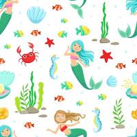 Marine Life Seamless Pattern, Cute Little Mermaids and Aquatic Nature, Design Element Can Be Used for Fabric, Wallpaper, Packaging, Web Page Illustration vector