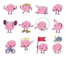 Cute Pink Brain with Various Emotions Set, Funny Human Nervous System Organ Cartoon Character in Different Situations Illustration on White Background vector