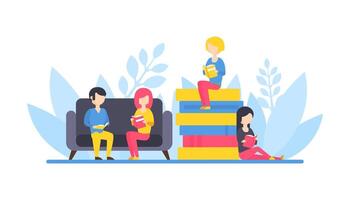 People Reading Books, Tiny Girl Sitting on Pile of Books, Students Relaxing and Reading Together Flat Illustration vector