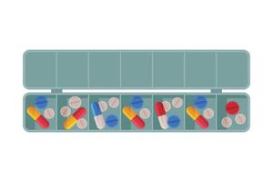 Daily Pill Box Organizer, Pills and Capsules in Plastic Container Flat Style Illustration on White Background vector