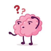 Pink Brain, Funny Human Nervous System Organ Cartoon Character Thinking with Question Mark Illustration on White Background vector