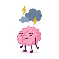 Stressed Pink Brain with Cloud and Lightning over its Head, Funny Human Nervous System Organ Cartoon Character Illustration on White Background vector