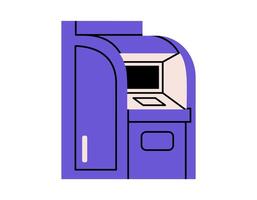 Hand drawn cute cartoon illustration ATM. Flat financial transaction sticker in doodle style. Successful purchase. Automated teller machine icon or print. Cash dispenser. Isolated. vector