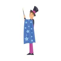 Magician Doing Tricks with Magic Wand, Illusionist Character Performing at Magic Show Cartoon Style Illustration vector