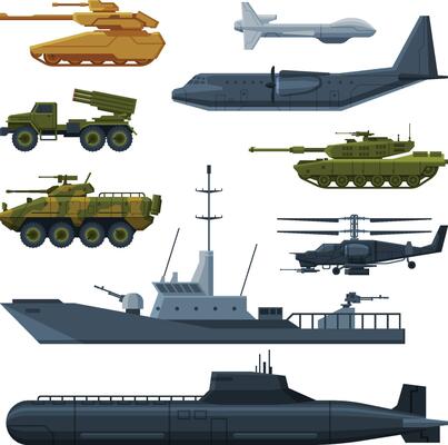 Armored Army Vehicles Collection, Military Heavy Special Transport Flat Illustration