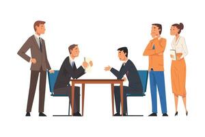 Business Negotiations, Busines Partners Sitting at Table and Discussing Work Strategy, Exchanging Information Cartoon Illustration vector
