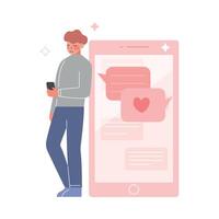 Young Man Using Website or Mobile Application for Dating, Virtual Relationships, Guy Standing Leaning Against Big Smartphone Illustration vector