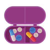 Pill Box Organizer, Pills and Capsules in Plastic Container Flat Style Illustration on White Background vector