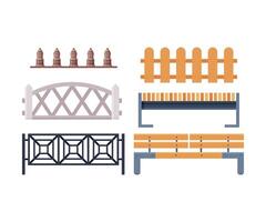 Decorative Fences Collection, Wooden, Wrought Iron and Stone Fence, Urban Infrastructure Design Element, Flat Style Illustration on White Background vector