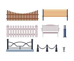 Decorative Fences Collection, Wooden, Wrought Iron Fence, Urban Infrastructure Design Element, Flat Style Illustration on White Background vector