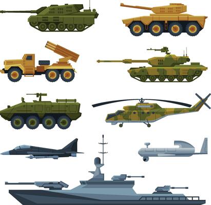 Armored Army Vehicles Collection, Military Heavy Special Transport, Tank, Aircraft Fighter, Rocket Launcher, Helicopter, Warship Flat Illustration