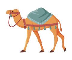 Camel with Saddle, Two Humped Ddesert Animal, Symbol of Egypt Flat Style Illustration on White Background vector
