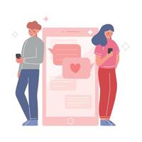 Couple Using Website or Mobile Application for Dating, Virtual Relationships Illustration vector