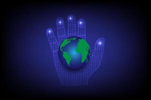 The globe is placed on a high tech hand-woven net of bright light on a dark blue background vector